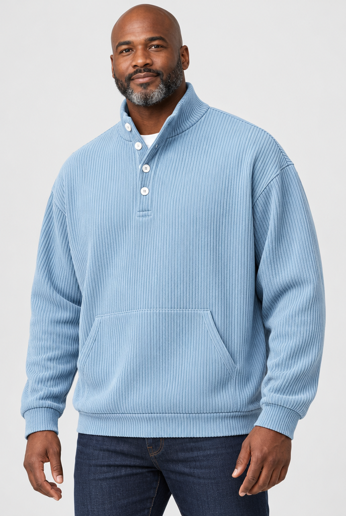 Sky Blue ribbed button mock-neck sweatshirt, studio hero