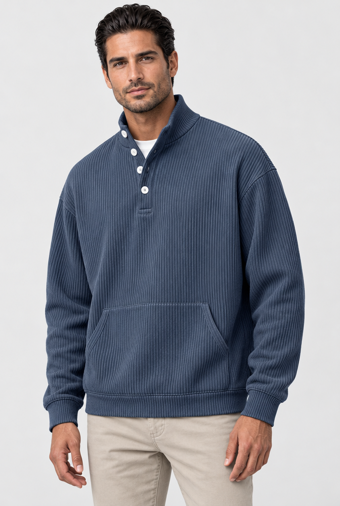 Slate Blue ribbed button mock-neck sweatshirt, studio hero