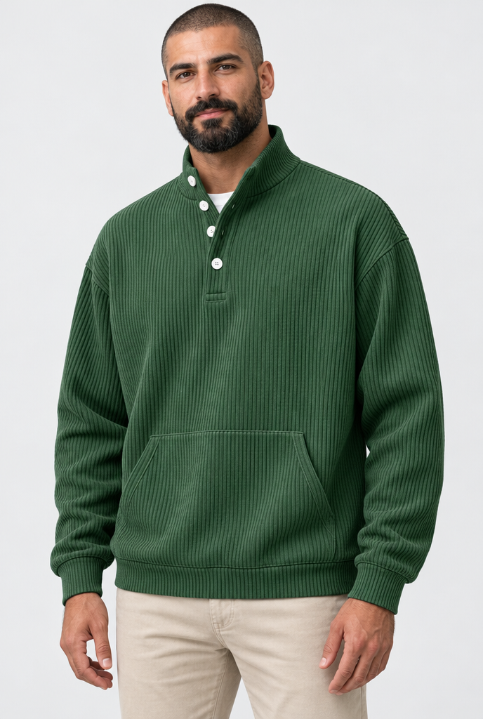 Forest Green ribbed button mock-neck sweatshirt, studio hero