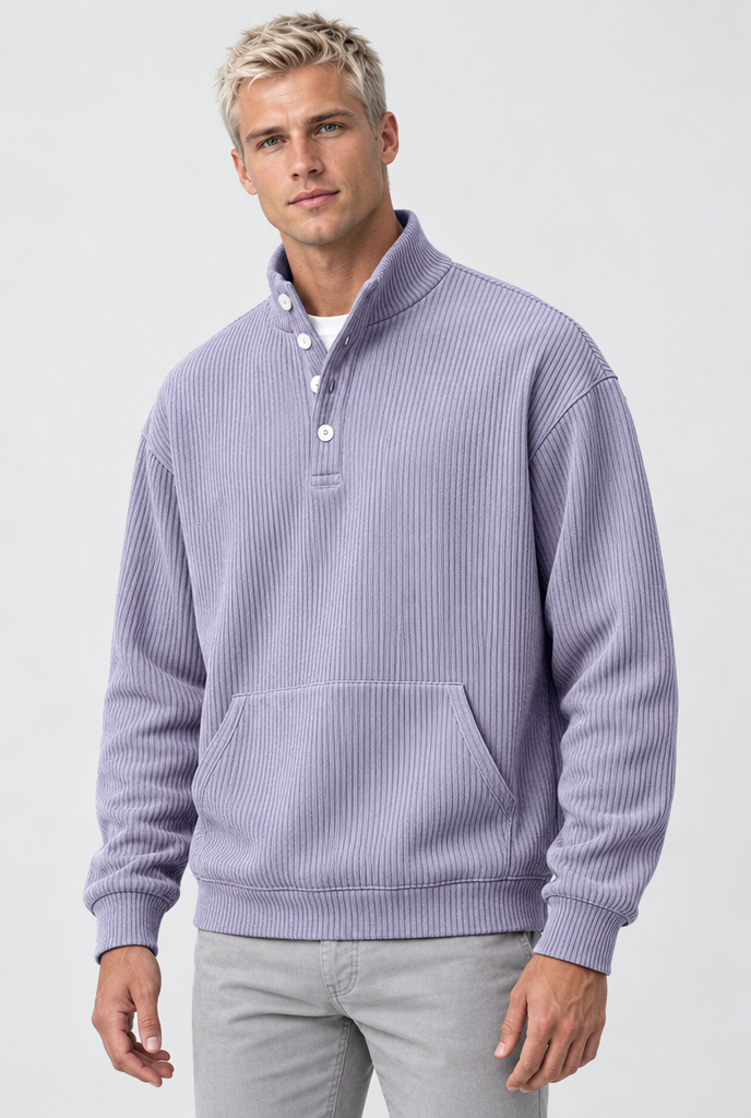 Lavender ribbed button mock-neck sweatshirt, studio hero