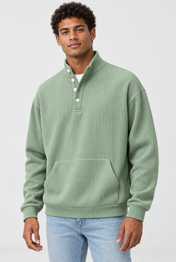 Sage ribbed button mock-neck sweatshirt, studio hero