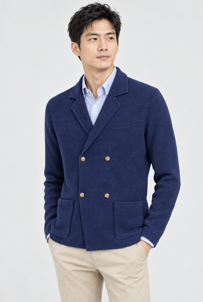 Navy Double-Breasted Knit Cardigan Blazer, studio hero