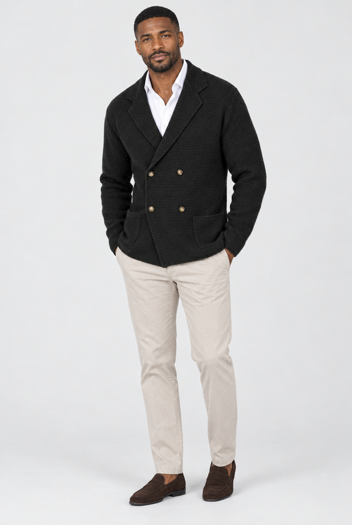 Blazer croisé en maille façon cardigan — Noir — silhouette complète