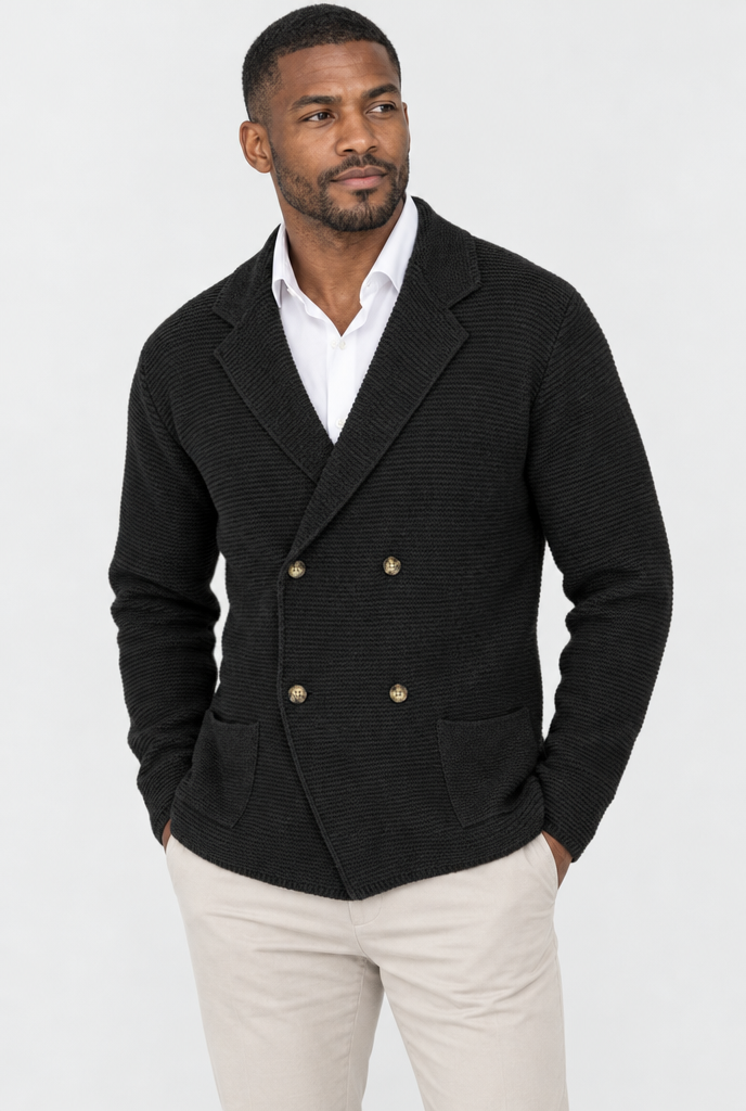 Black Double-Breasted Knit Cardigan Blazer, studio hero
