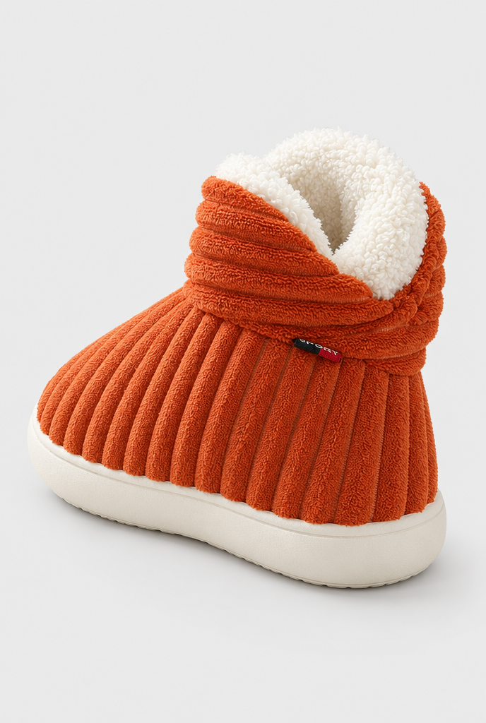 Burnt Orange ribbed plush bootie slippers, back and sole detail