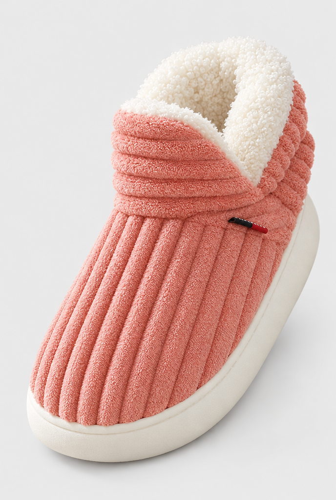 Coral Pink ribbed plush bootie slippers, macro