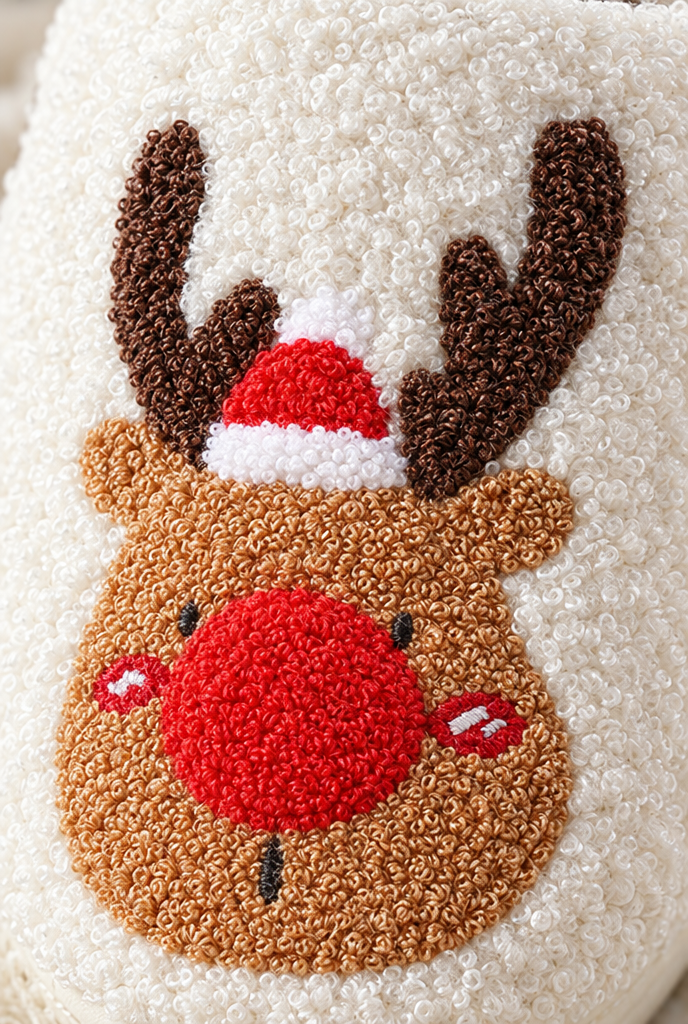 Chaussons renne en peluche douillette — Nez rouge — gros plan matière