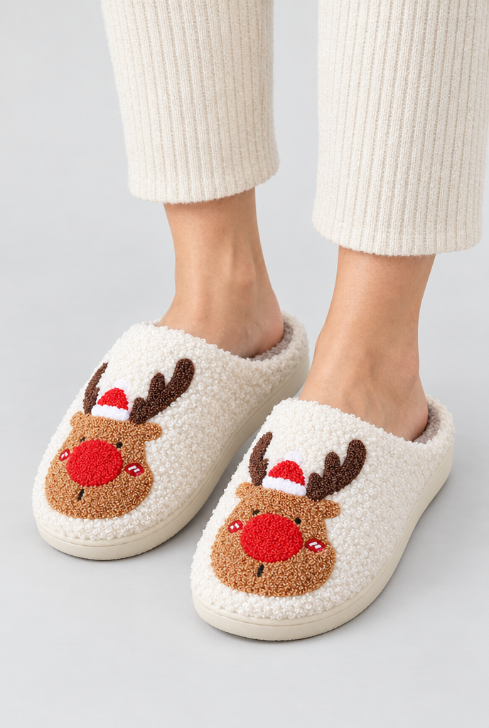 Chaussons renne en peluche douillette — Nez rouge — photo principale