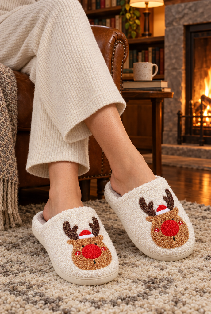 Chaussons renne en peluche douillette — Nez rouge — en situation