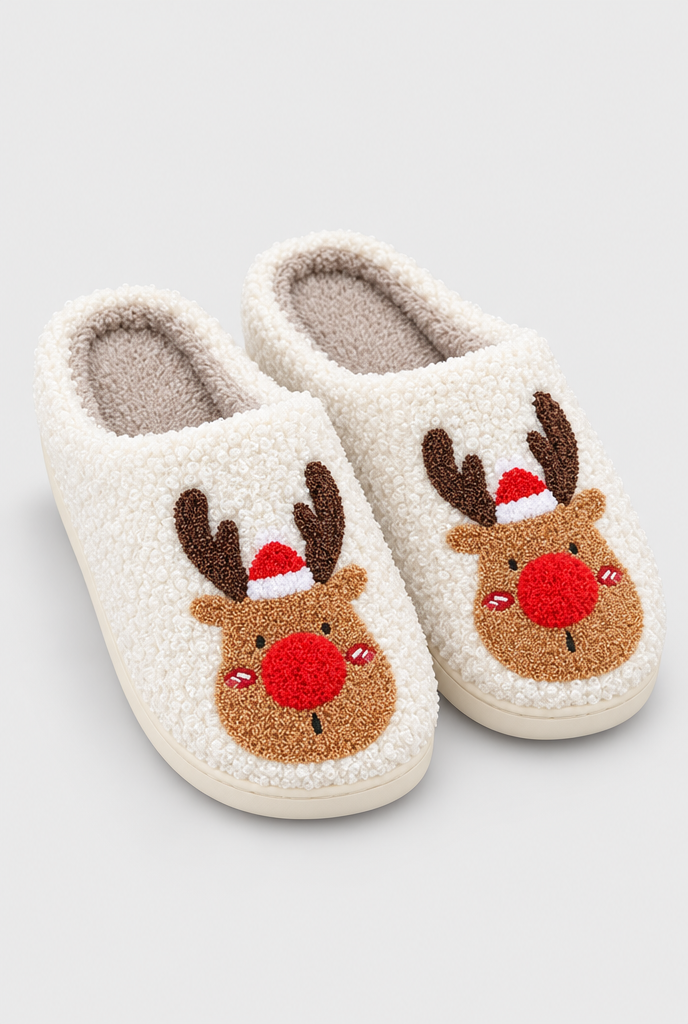 Chaussons renne en peluche douillette — Nez rouge — packshot