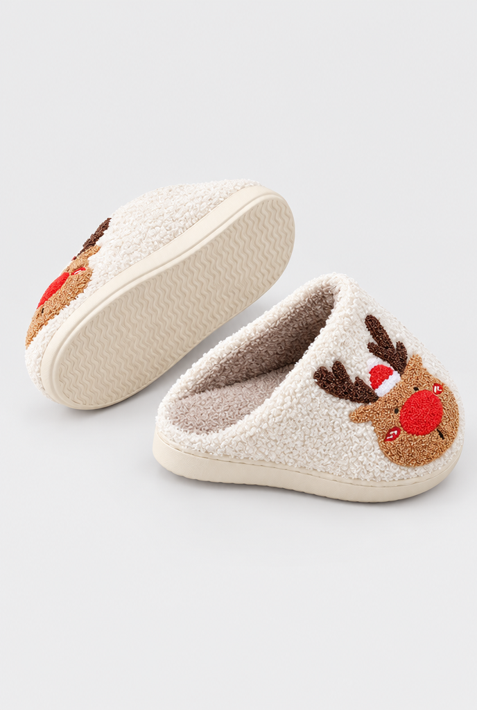 Chaussons renne en peluche douillette — Nez rouge — vue de dos