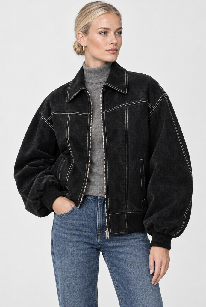 Oversized Faux Leather Stitched Bomber Jacket