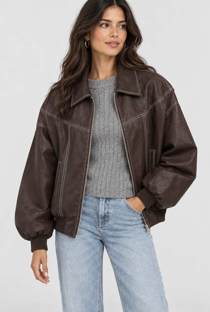 Blouson bomber oversize surpiqûré en simili cuir — Marron chocolat — photo principale