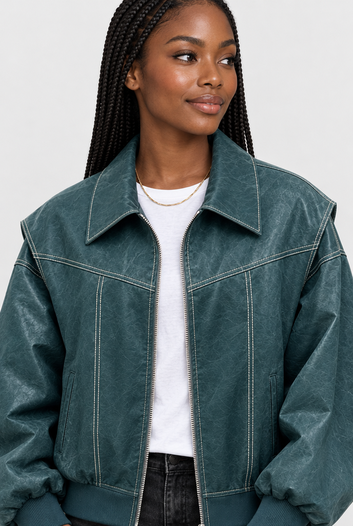 Blouson bomber oversize surpiqûré en simili cuir — Vert canard — col
