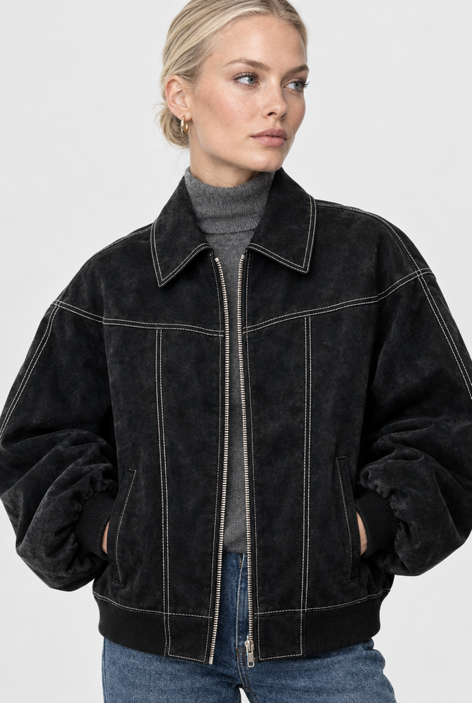 Blouson bomber oversize surpiqûré en simili cuir — Noir — col