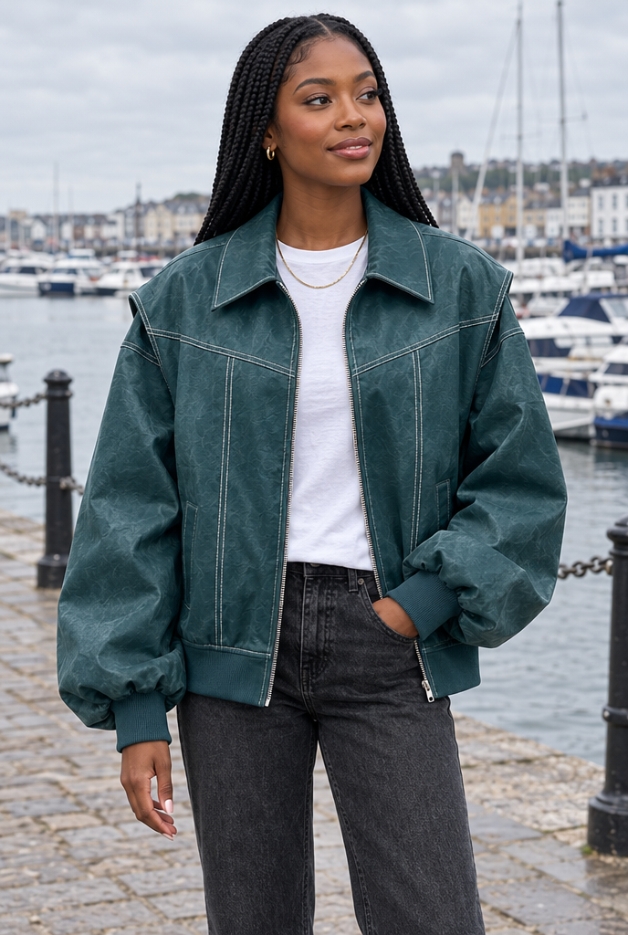 Blouson bomber oversize surpiqûré en simili cuir — Vert canard — en situation