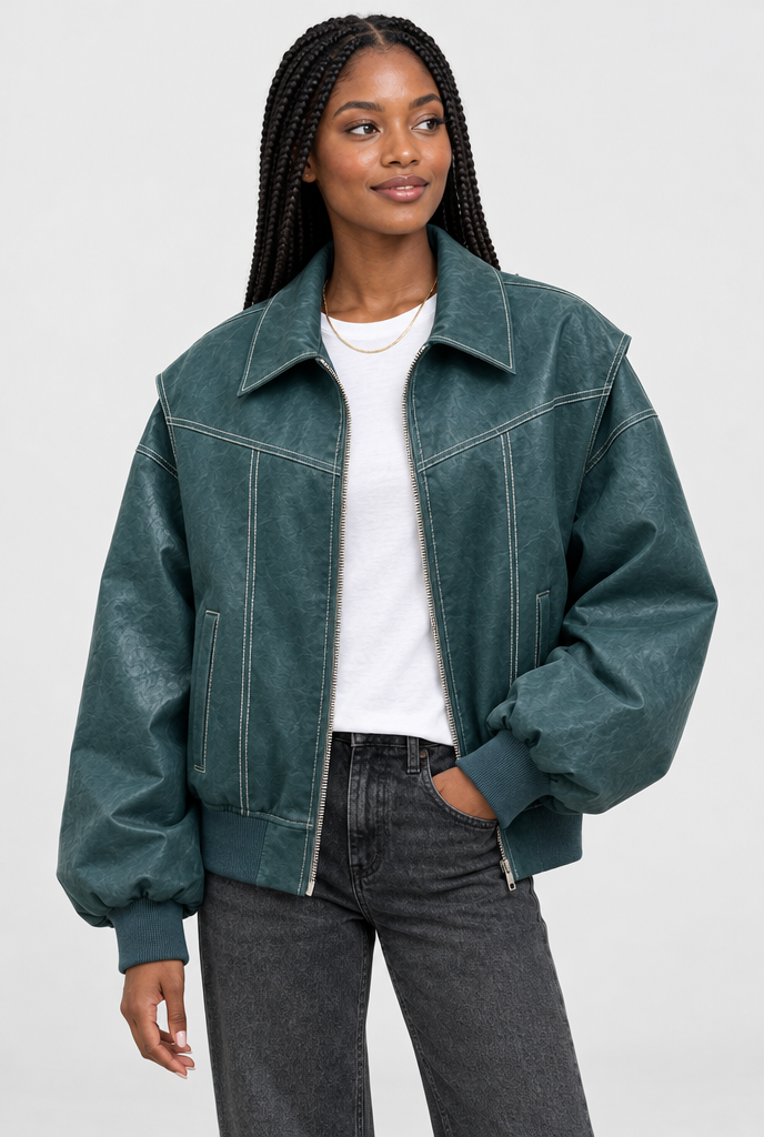 Blouson bomber oversize surpiqûré en simili cuir — Vert canard — photo principale