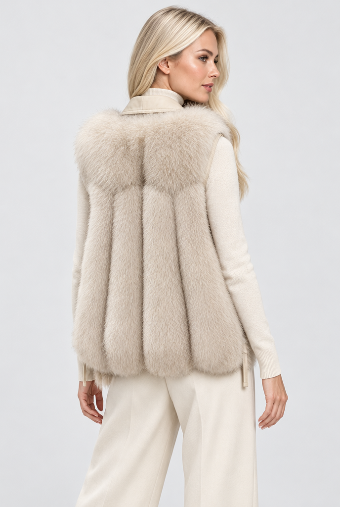 Gilet sans manches en fausse fourrure à revers simili cuir — Latte — vue de dos