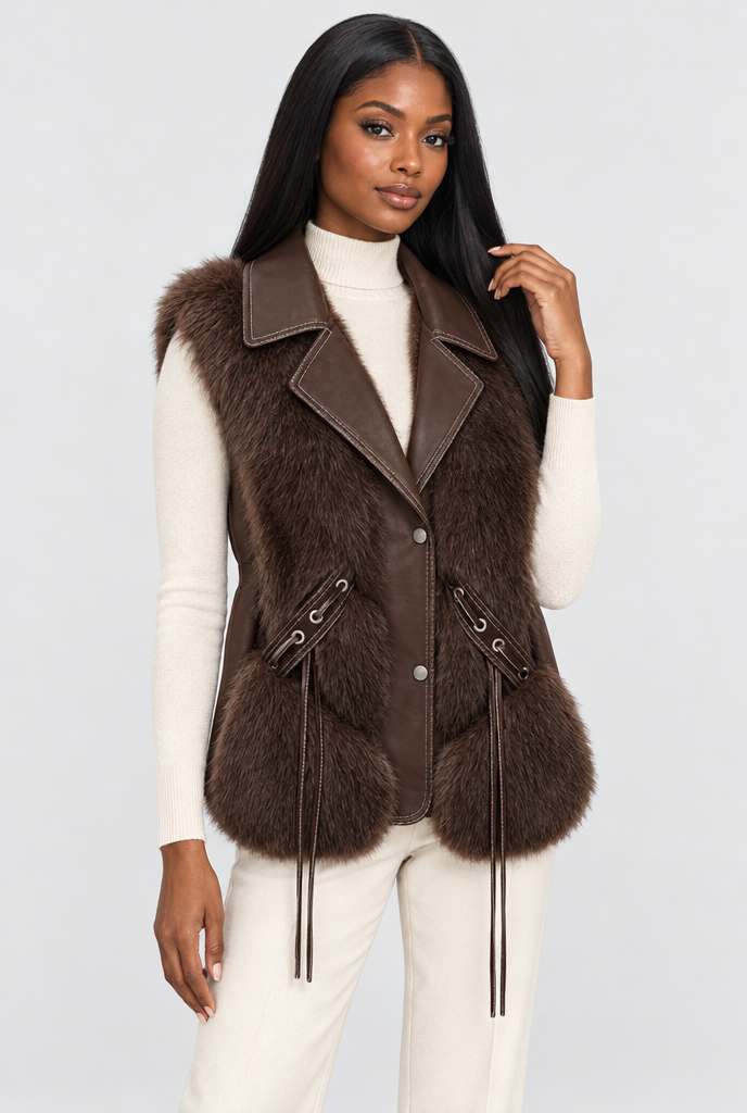 Gilet sans manches en fausse fourrure à revers simili cuir — Expresso — studio