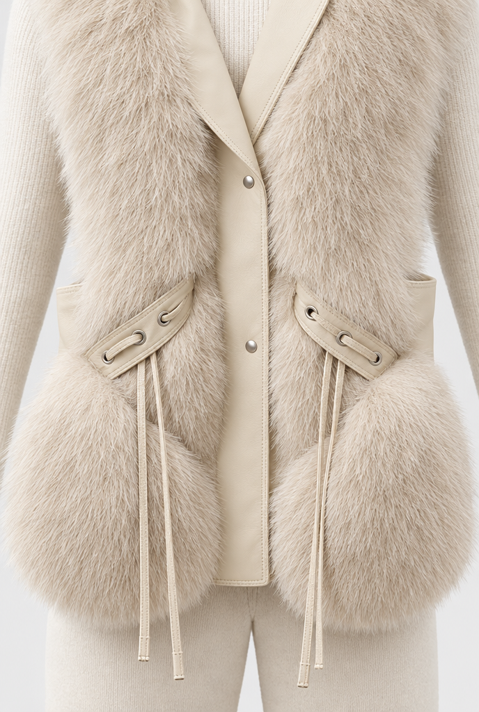 Gilet sans manches en fausse fourrure à revers simili cuir — Latte — détail