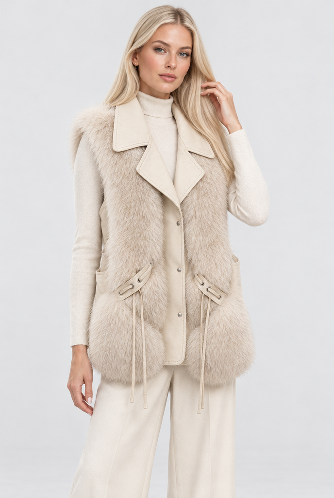 Plush Faux Fur Vest with Leather-Look Lapel