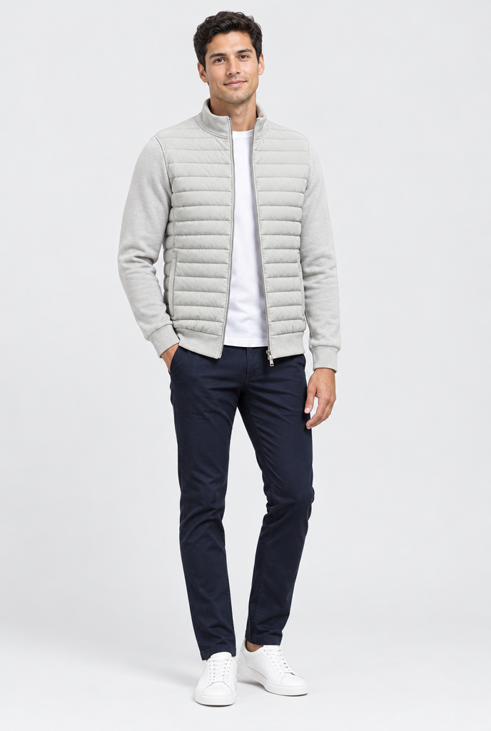 Stone Grey quilted-front knit-sleeve jacket, full body