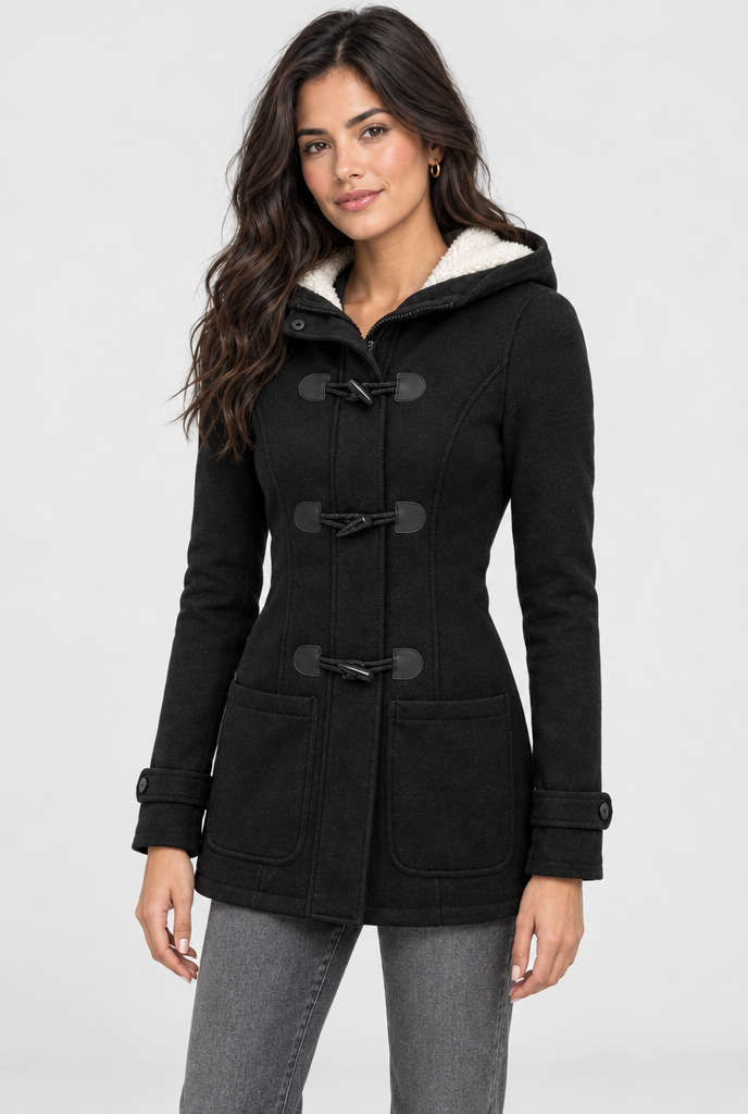 Hooded Toggle Duffle Coat with Plush-Lined Hood