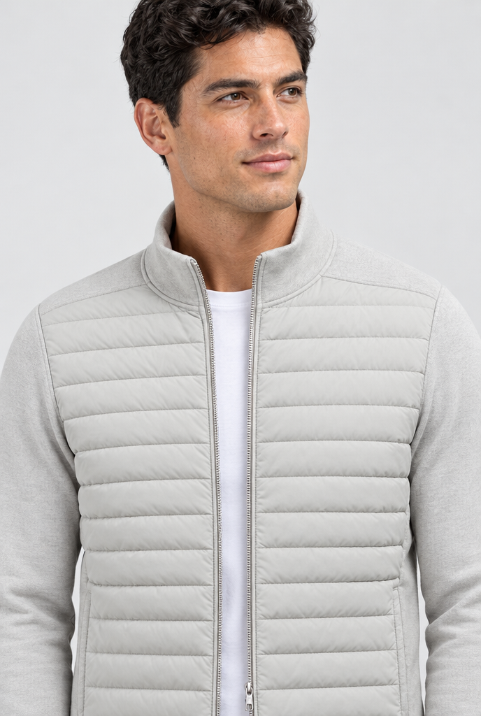 Veste zippée devant matelassé, manches en maille — Gris pierre clair — détail du col