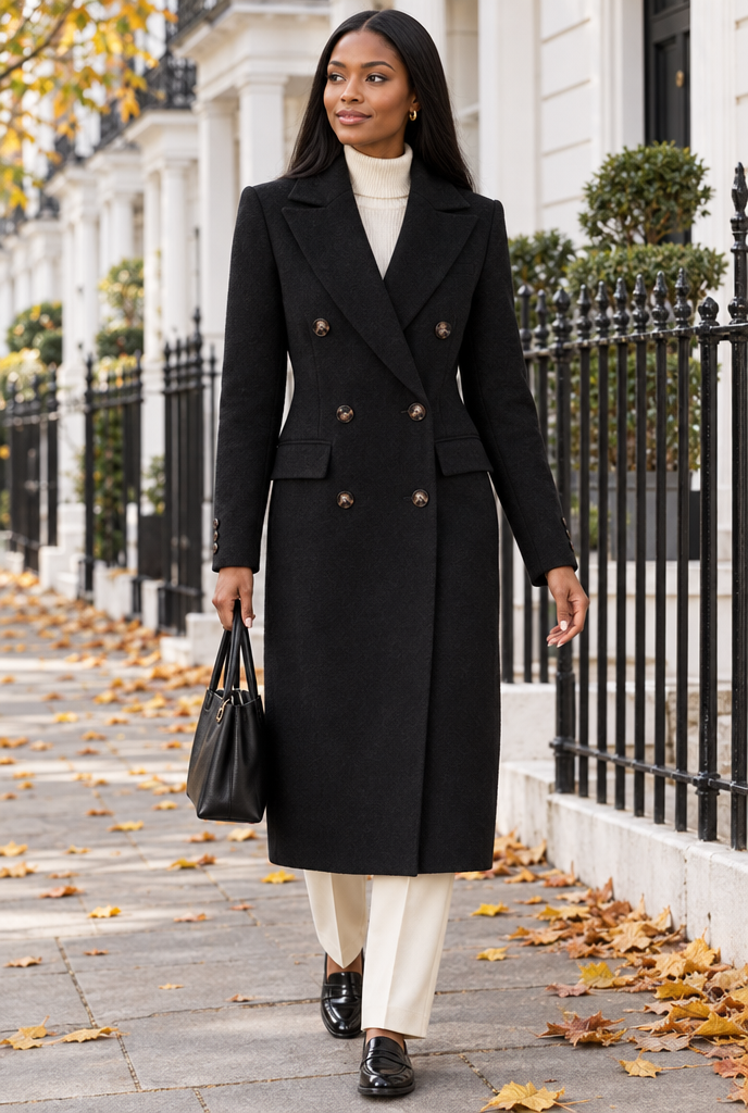 Manteau croisé long effet laine — Noir — en situation