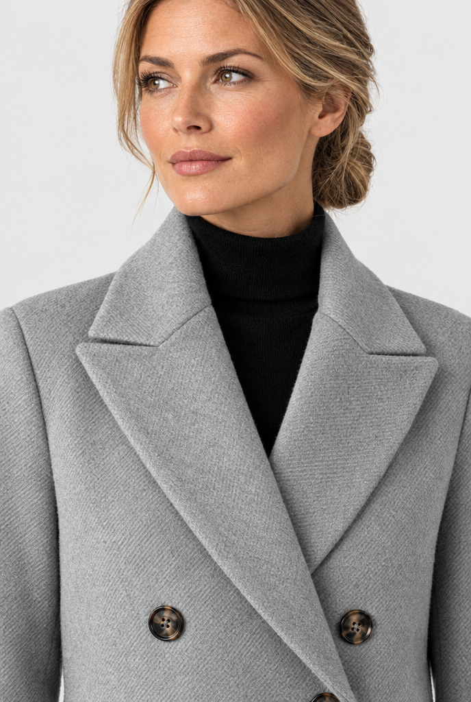 Manteau croisé long effet laine — Gris perle — détail du revers