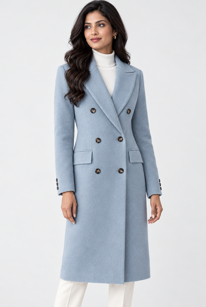 Manteau croisé long effet laine — Bleu poudré — photo studio