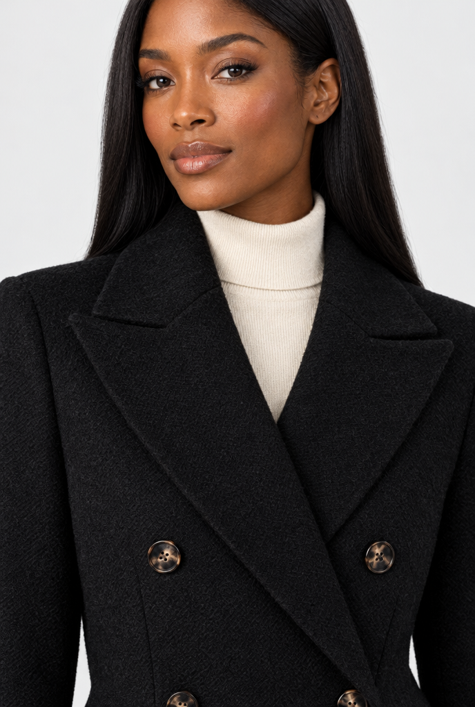 Manteau croisé long effet laine — Noir — détail du revers