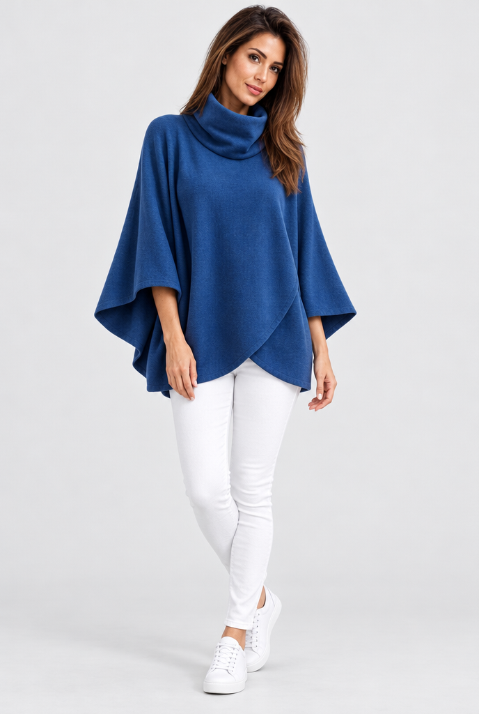 Pull poncho col roulé à devant croisé — Bleu roi — silhouette complète