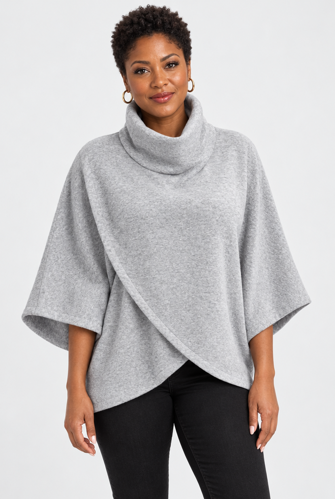 Pull poncho col roulé à devant croisé — Gris chiné clair — photo studio