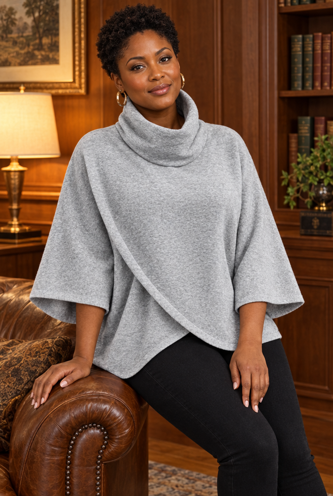 Pull poncho col roulé à devant croisé — Gris chiné clair — en situation