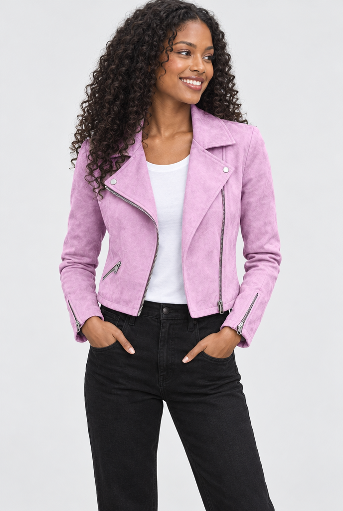Veste motarde courte en suédine — Rose orchidée — photo principale