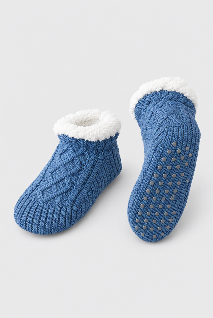 Cornflower Blue cable-knit sherpa-lined slipper socks, sole detail