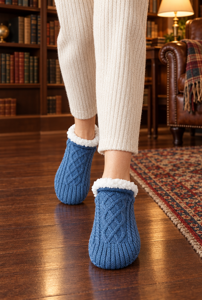 Chaussettes-chaussons torsadées doublées sherpa — Bleu bleuet — en situation