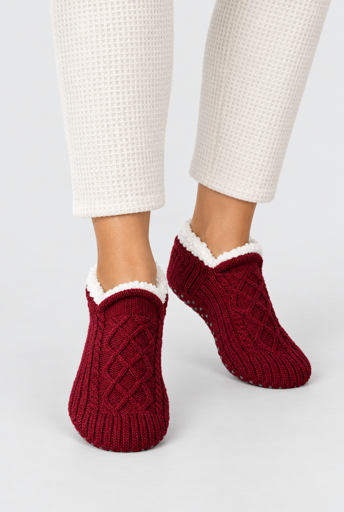 Chaussettes-chaussons torsadées doublées sherpa — Bordeaux — photo principale
