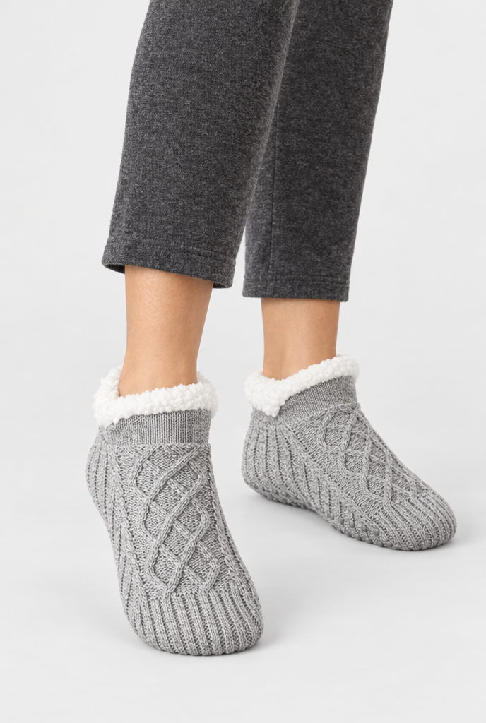 Light Grey cable-knit sherpa-lined slipper socks, on-feet hero