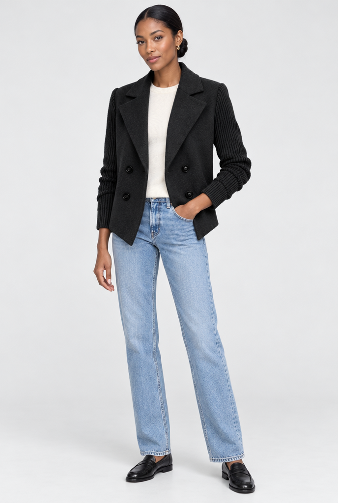Manteau croisé effet laine à manches en maille — Noir — silhouette complète