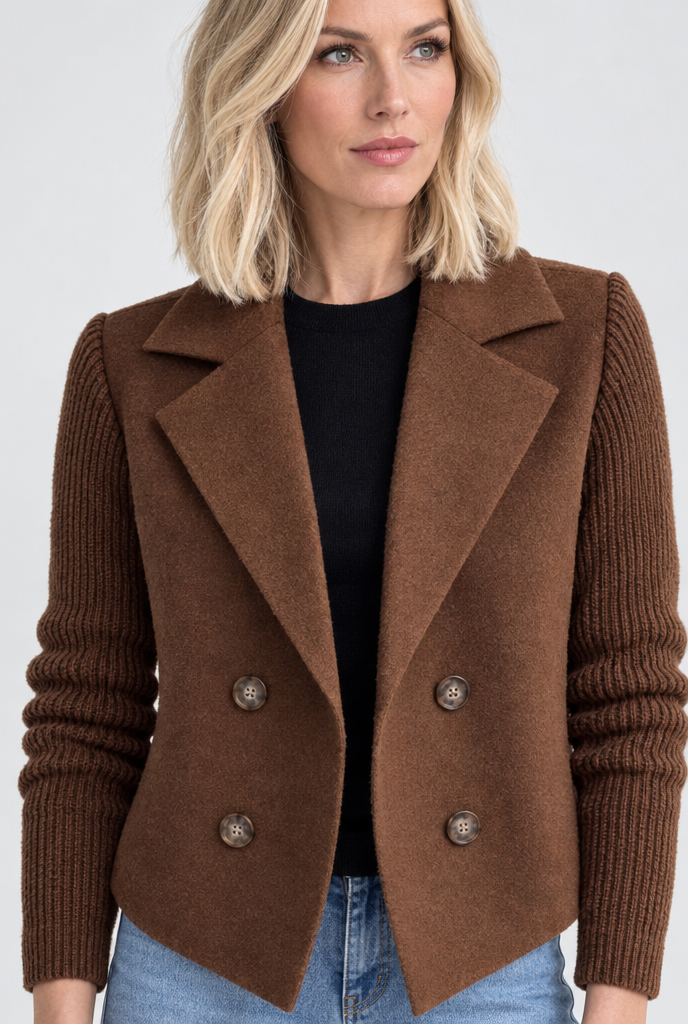 Manteau croisé effet laine à manches en maille — Chocolat — détail du col