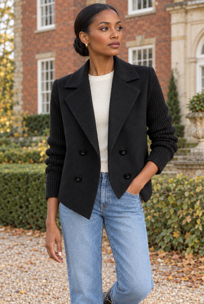 Manteau croisé effet laine à manches en maille — Noir — en situation