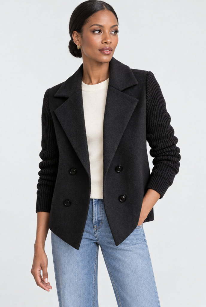 Manteau croisé effet laine à manches en maille — Noir — photo studio