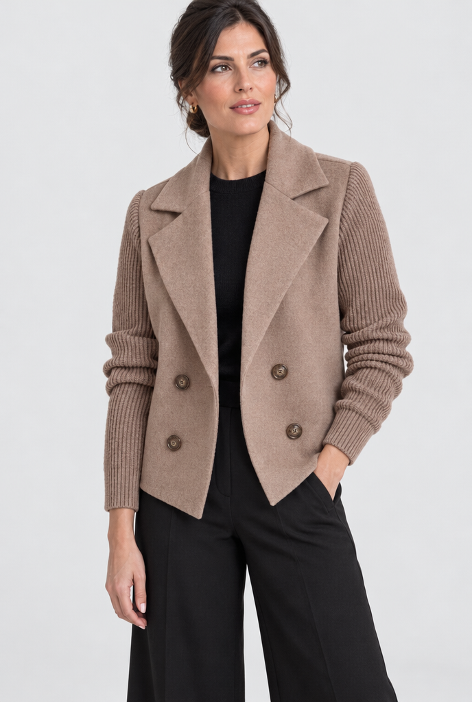 Manteau croisé effet laine à manches en maille — Moka — photo studio