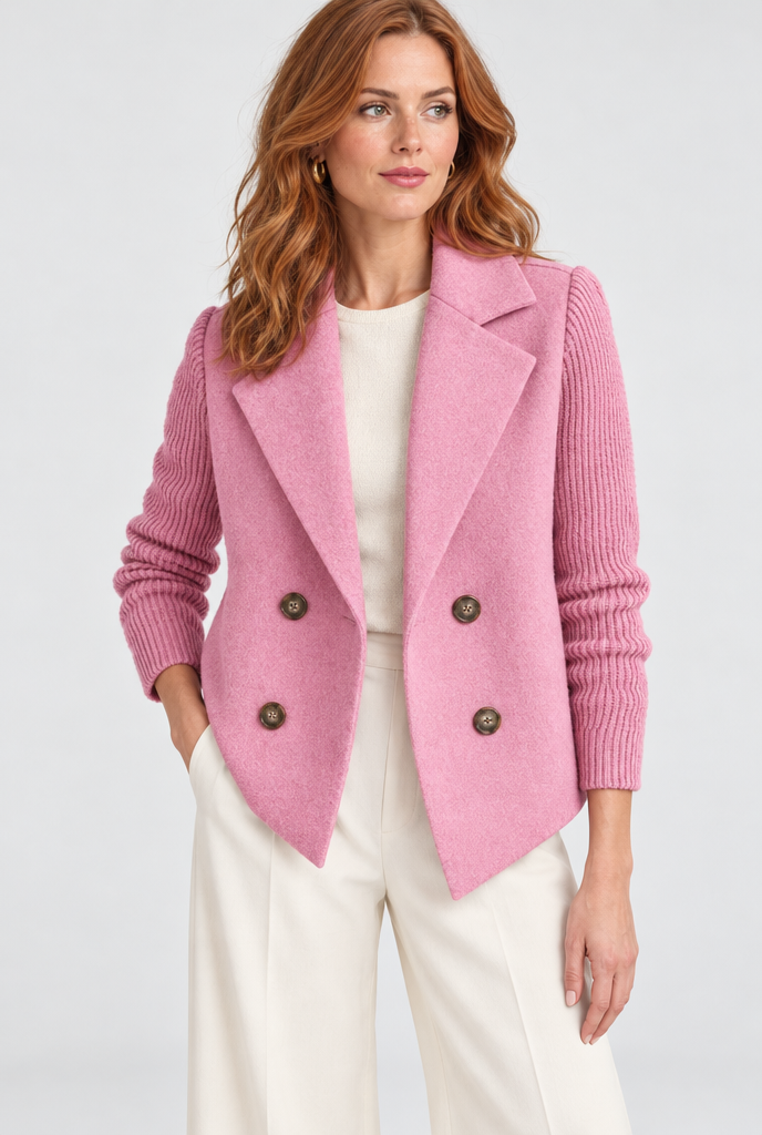 Manteau croisé effet laine à manches en maille — Rose tendre — photo studio