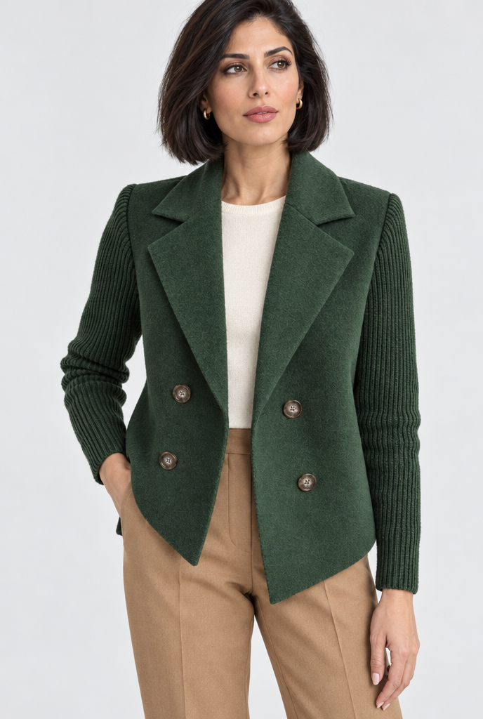 Manteau croisé effet laine à manches en maille — Vert forêt — photo studio