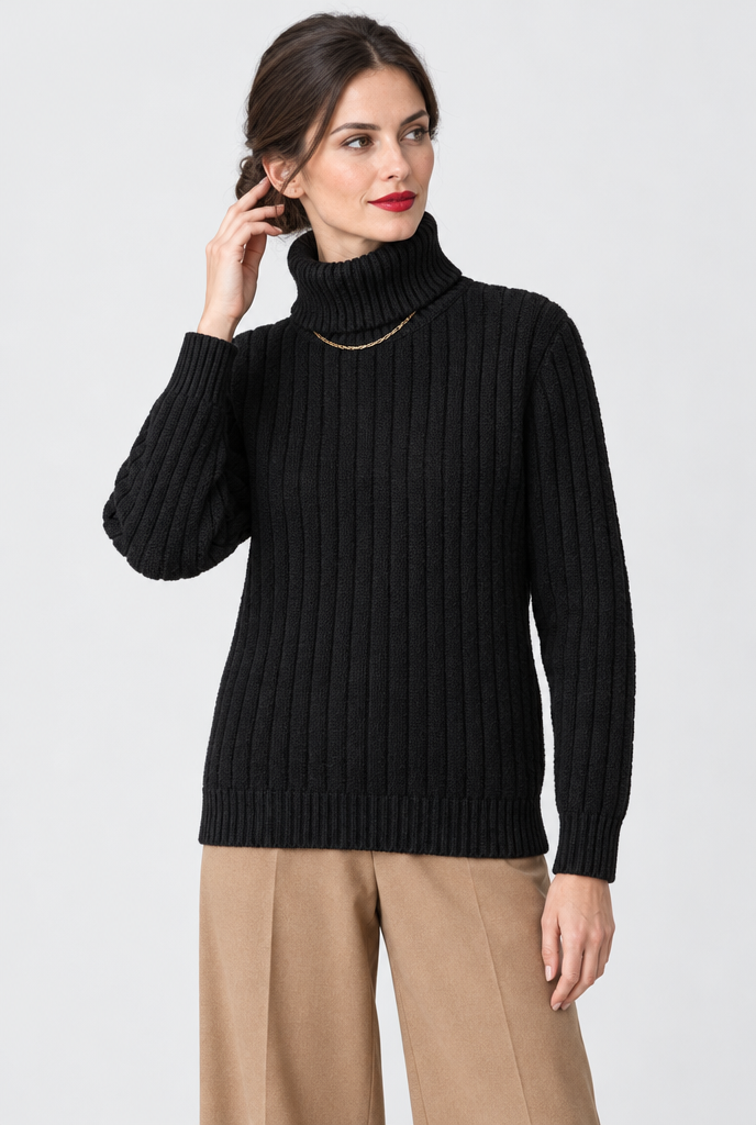 Black ribbed turtleneck sweater, studio hero