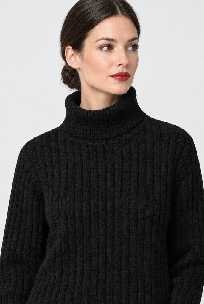 Pull col roulé classique en maille côtelée — Noir — détail du col