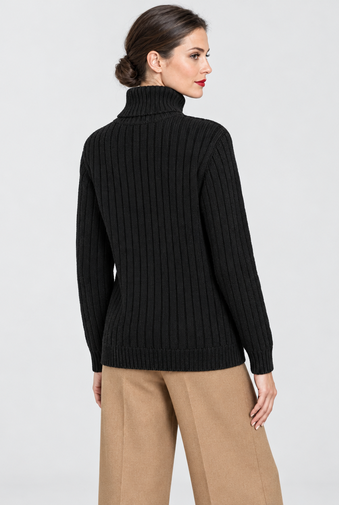 Black ribbed turtleneck sweater, back view